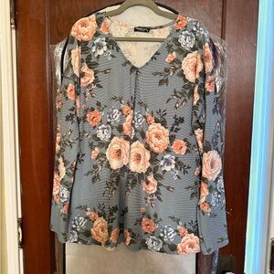 HEIMISH USA Floral V-Neck Blouse - Blue and Peach